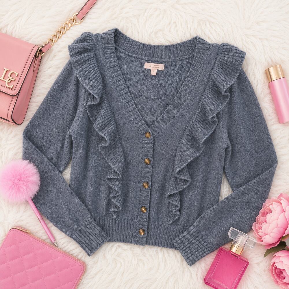 Lauren Conrad Feminine Ruffle Cardigan Grey Blue Button‎ Front Knit Sweater SZ S